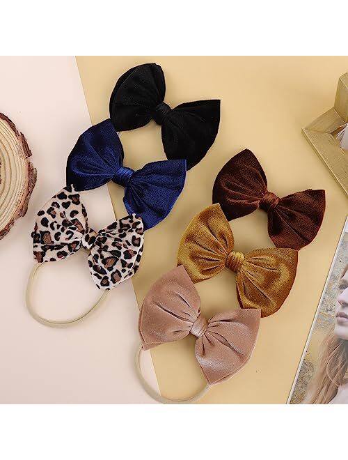 YanJie 6PCS Baby Girl Bows Nylon Baby Headbands Soft Nylon Elastics Baby Bows Velvet Newborn Bows Handmade Hairbands Hair Accessories for Infant Toddlers Kids (4.5 Coffee