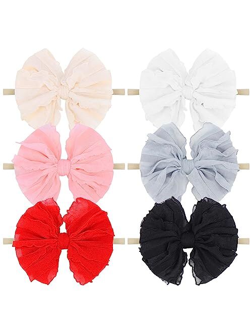 YanJie Baby Bows Nylon Headbands, Handmade Lace Baby Girl Bows Stretchy Newborn Headbands Hair Bows for Baby Girls Accessories for Infants Toddlers Child Pink Purple Yell