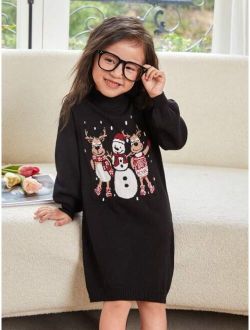 Young Girl Christmas Pattern Turtleneck Sweater Dress