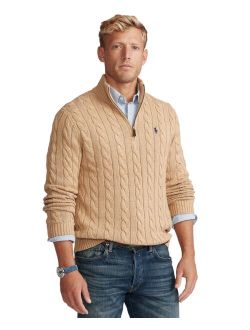 Men's Big & Tall Cable-Knit Cotton Quarter-Zip Sweater