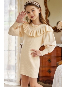 Girls Sweater Dress Crew Neck Knit Puff Long Sleeves Ruffles Fall Winter Jumper Pullover Dresses for 5-14 Years