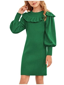Girls Sweater Dress Crew Neck Knit Puff Long Sleeves Ruffles Fall Winter Jumper Pullover Dresses for 5-14 Years