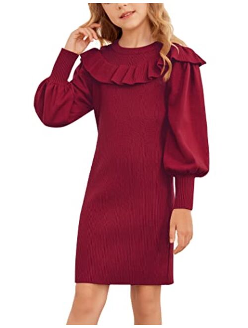 Arshiner Girls Sweater Dress Crew Neck Knit Puff Long Sleeves Ruffles Fall Winter Jumper Pullover Dresses for 5-14 Years