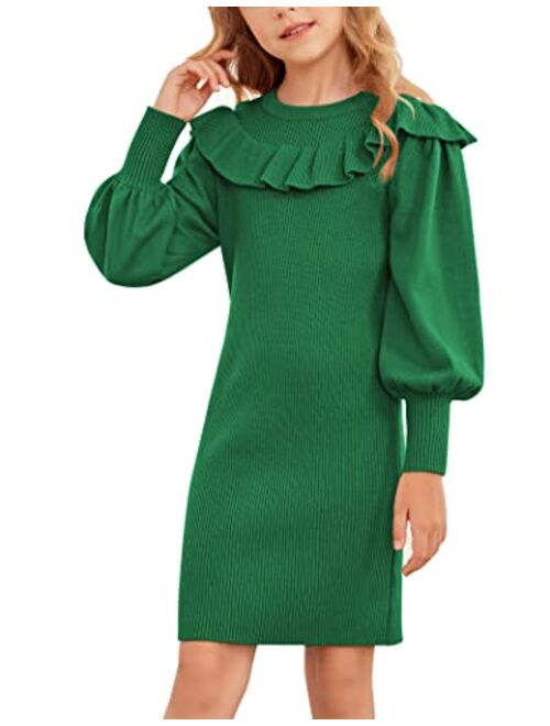 Arshiner Girls Sweater Dress Crew Neck Knit Puff Long Sleeves Ruffles Fall Winter Jumper Pullover Dresses for 5-14 Years