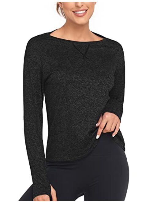 Soneven Women Fleece Thermal Long Sleeve Running Shirt Workout Tops Moisture Wicking Athletic Shirts with Thumb Holes