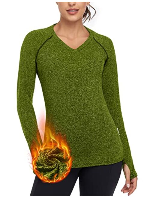 Soneven Women Fleece Thermal Long Sleeve Running Shirt Workout Tops Moisture Wicking Athletic Shirts with Thumb Holes