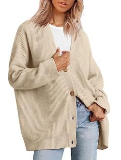 AUTOMET Womens Fall Sweaters Cardigan 2023 Open Front Oversized Button Lightweight Cardigans V Neck Loose Knit Outwear