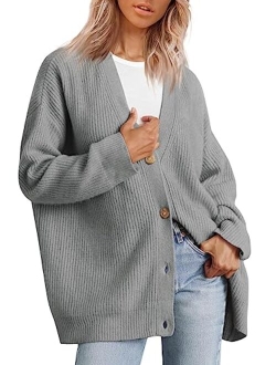 AUTOMET Womens Fall Sweaters Cardigan 2023 Open Front Oversized Button Lightweight Cardigans V Neck Loose Knit Outwear