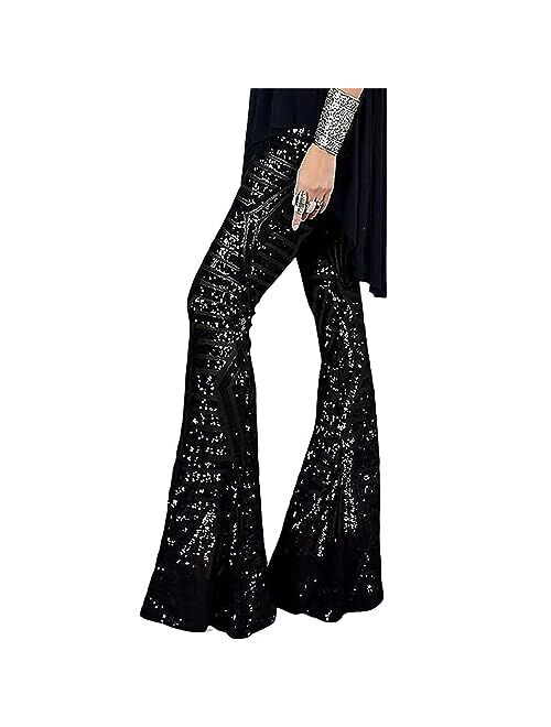 UOIGHF Womens Sequin Pants High Waisted Sparkle Bell Bottoms Water Ripple Trousers Glitter Long Flare Leg Pants