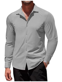 Men's Muscle Fit Dress Shirts Stretch Wrinkle-Free Long Sleeve Casual Button Down Shirts