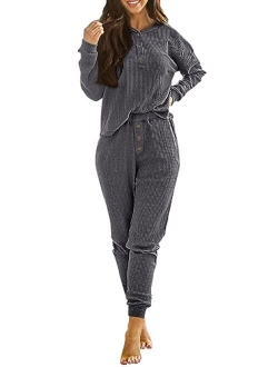 Women's 2 Piece Waffle Knit Lounge Outfit Long Sleeve Henley Top and Sweatpants Set Tracksuit