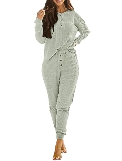 Women's 2 Piece Waffle Knit Lounge Outfit Long Sleeve Henley Top and Sweatpants Set Tracksuit