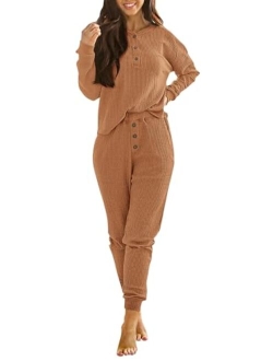 Women's 2 Piece Waffle Knit Lounge Outfit Long Sleeve Henley Top and Sweatpants Set Tracksuit