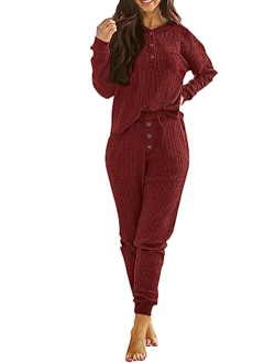 Women's 2 Piece Waffle Knit Lounge Outfit Long Sleeve Henley Top and Sweatpants Set Tracksuit