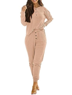 Women's 2 Piece Waffle Knit Lounge Outfit Long Sleeve Henley Top and Sweatpants Set Tracksuit
