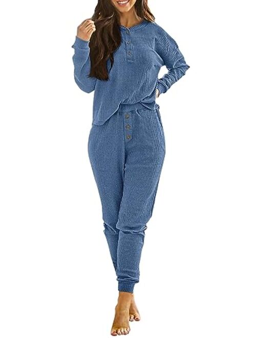 PRETTYGARDEN Women's 2 Piece Waffle Knit Lounge Outfit Long Sleeve Henley Top and Sweatpants Set Tracksuit