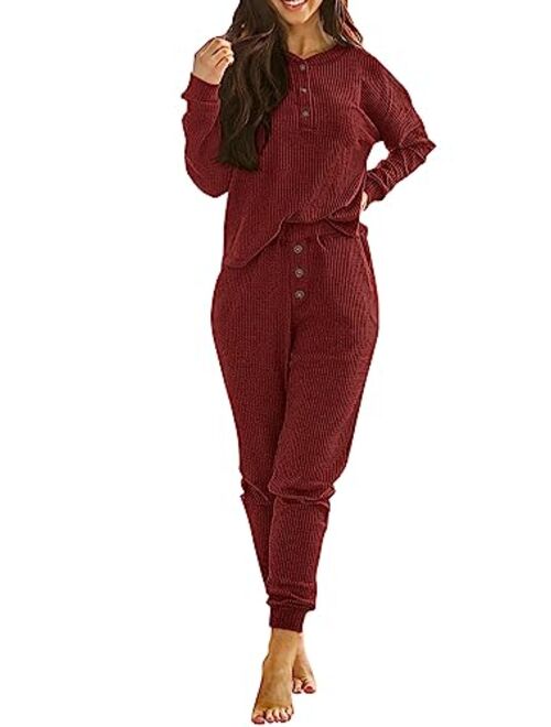 PRETTYGARDEN Women's 2 Piece Waffle Knit Lounge Outfit Long Sleeve Henley Top and Sweatpants Set Tracksuit