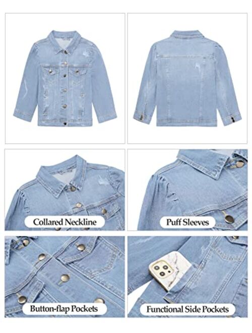 Vetinee Womens Jean Jacket Cropped Denim Jackets Stretchy 3/4 Puff Sleeve Distressed Shacket with Pockets