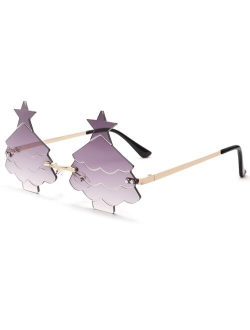 Bouryo Christmas Tree Sunglasses for Women Men Rimless Rave Christmas Party Eyeglasses