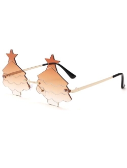 Bouryo Christmas Tree Sunglasses for Women Men Rimless Rave Christmas Party Eyeglasses