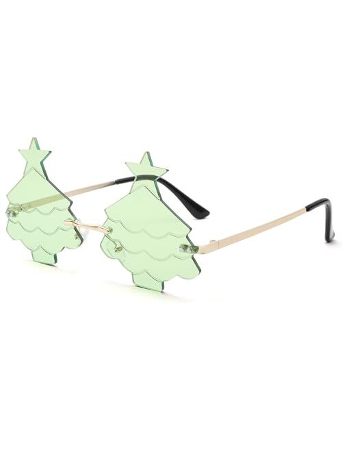 Bouryo Christmas Tree Sunglasses for Women Men Rimless Rave Christmas Party Eyeglasses