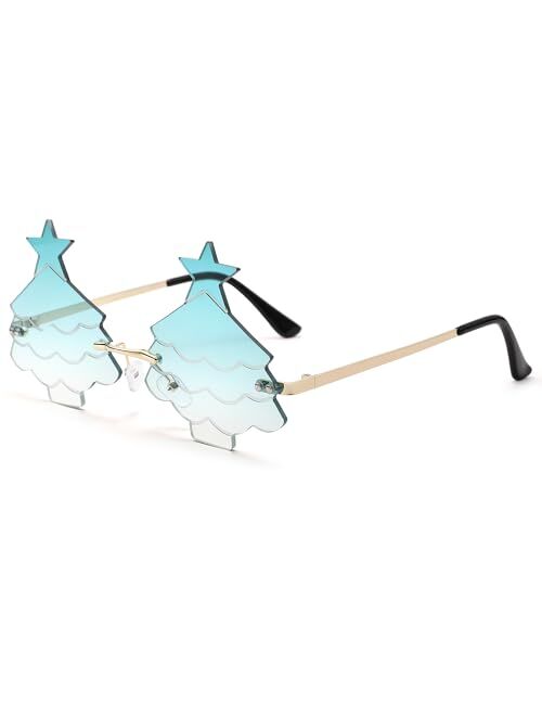 Bouryo Christmas Tree Sunglasses for Women Men Rimless Rave Christmas Party Eyeglasses