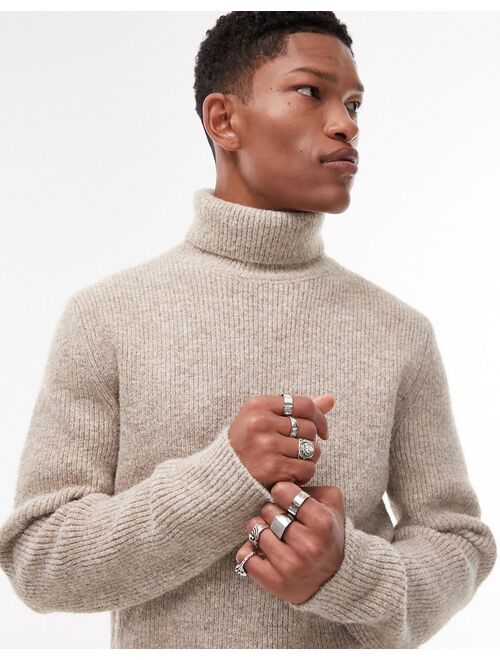 Topman heavy knit roll neck sweater in ecru