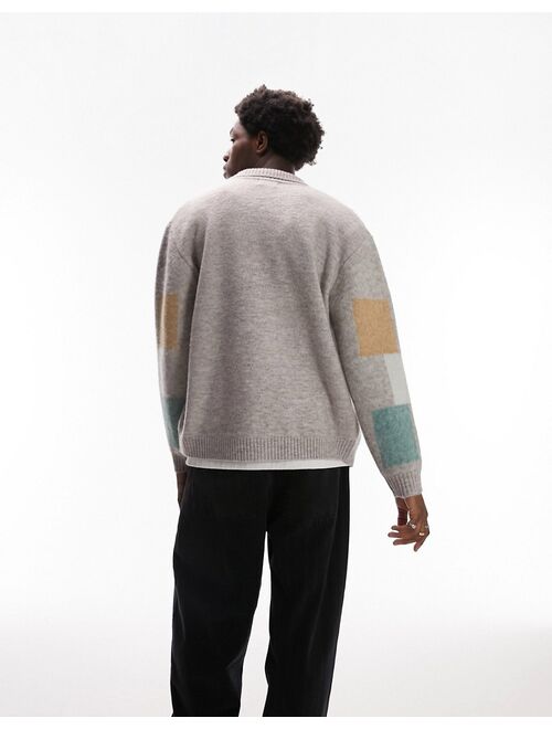 Topman color block knitted button through sweater in gray