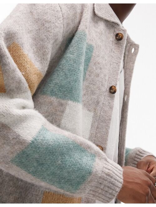 Topman color block knitted button through sweater in gray