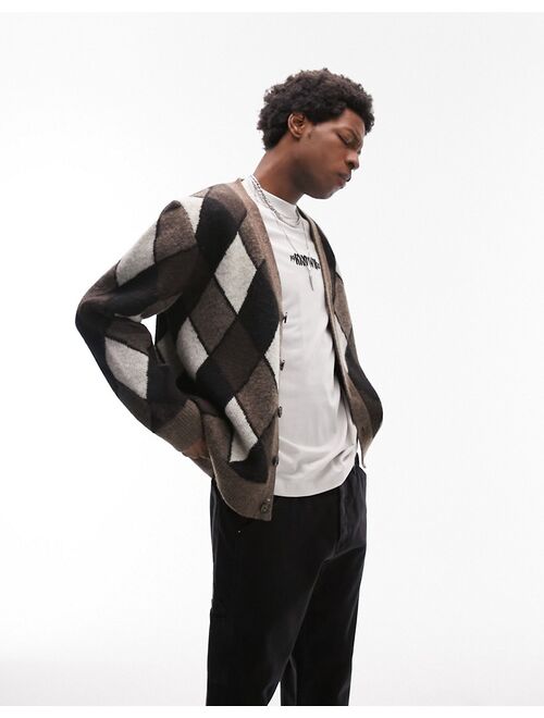 Topman hand drawn argyle cardigan in brown