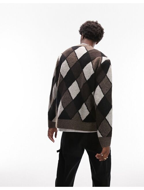 Topman hand drawn argyle cardigan in brown