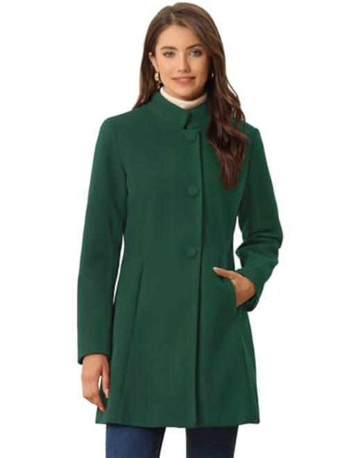 Allegra K Women's Winter Overcoat Mid-Long Stand Collar Woolen Single Breasted Coat Outerwear