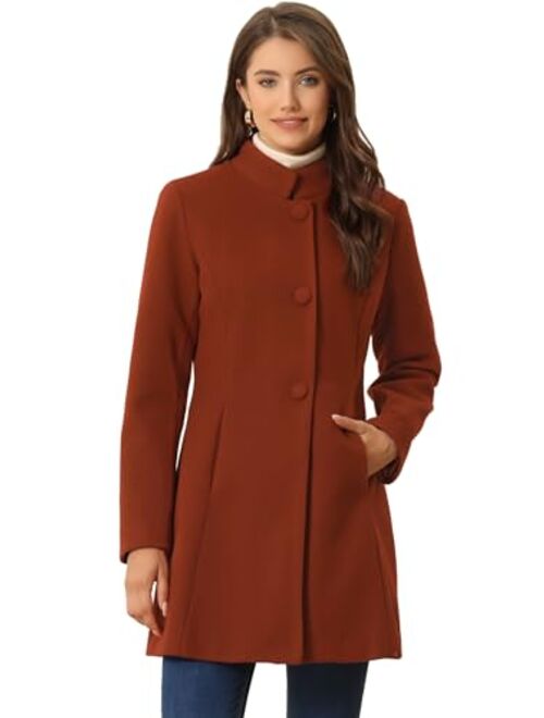 Allegra K Women's Winter Overcoat Mid-Long Stand Collar Woolen Single Breasted Coat Outerwear