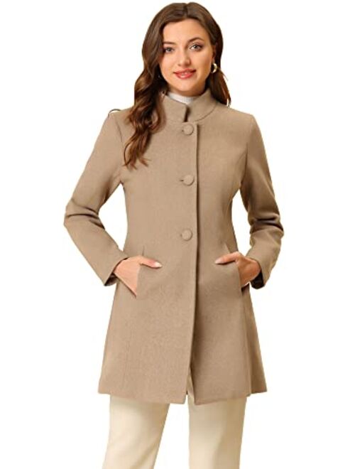 Allegra K Women's Winter Overcoat Mid-Long Stand Collar Woolen Single Breasted Coat Outerwear