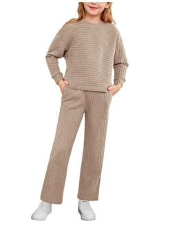 Girl's 2 Piece Outfit Sweater Set Batwing Long Sleeve Ribbed Knit Top and Straight Leg Pants Sweatsuits with Pockets