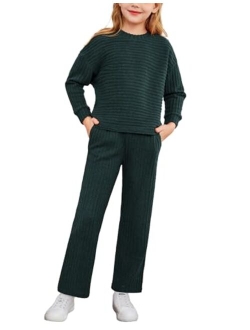 Girl's 2 Piece Outfit Sweater Set Batwing Long Sleeve Ribbed Knit Top and Straight Leg Pants Sweatsuits with Pockets