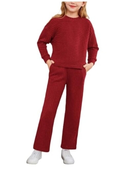 Girl's 2 Piece Outfit Sweater Set Batwing Long Sleeve Ribbed Knit Top and Straight Leg Pants Sweatsuits with Pockets