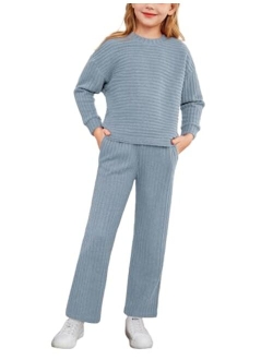 Girl's 2 Piece Outfit Sweater Set Batwing Long Sleeve Ribbed Knit Top and Straight Leg Pants Sweatsuits with Pockets