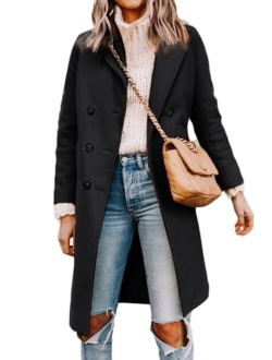 Trench Coats for Women 2023 Winter Faux Wool Notch Lapel Double-Breasted Long Peacoat with Slit Pockets