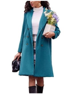 Trench Coats for Women 2023 Winter Faux Wool Notch Lapel Double-Breasted Long Peacoat with Slit Pockets