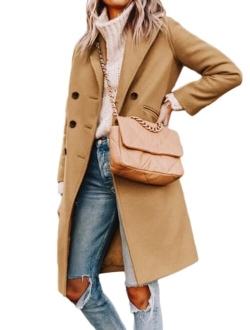 Trench Coats for Women 2023 Winter Faux Wool Notch Lapel Double-Breasted Long Peacoat with Slit Pockets