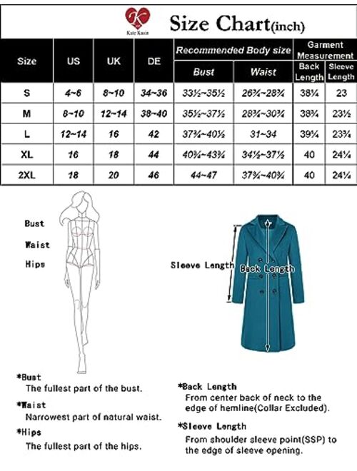 Kate Kasin Trench Coats for Women 2023 Winter Faux Wool Notch Lapel Double-Breasted Long Peacoat with Slit Pockets