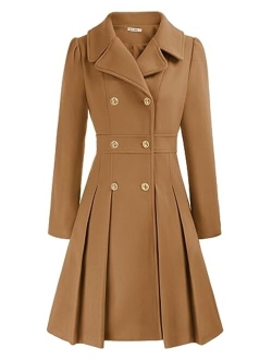 Women's Trench Coat Notch Lapel Double Breasted Thick A Line Pea Coats Jacket with Pockets(S-2XL)