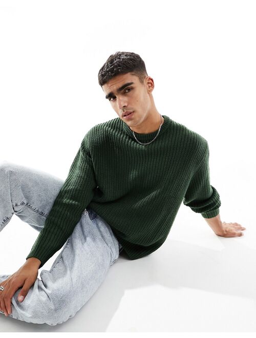 ASOS DESIGN oversized knitted fisherman rib crew neck sweater in green