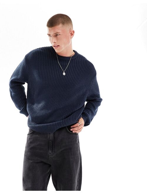 ASOS DESIGN oversized knit fisherman ribbed crew neck sweater in navy