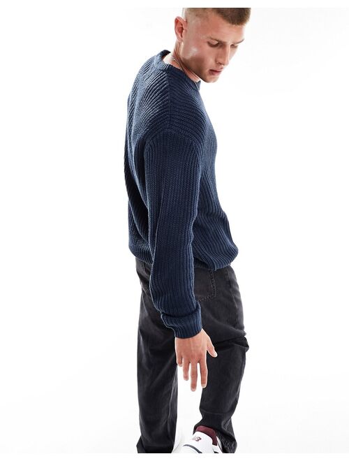 ASOS DESIGN oversized knit fisherman ribbed crew neck sweater in navy