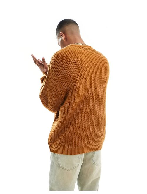 ASOS DESIGN oversized knit fisherman ribbed crew neck sweater in burnt orange