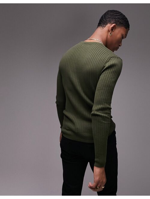 Topman knit ribbed crewneck sweater in khaki