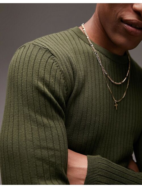 Topman knit ribbed crewneck sweater in khaki