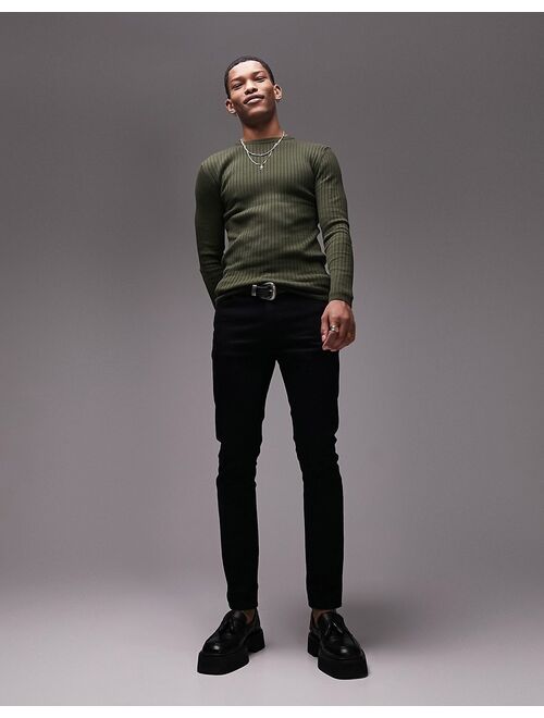 Topman knit ribbed crewneck sweater in khaki